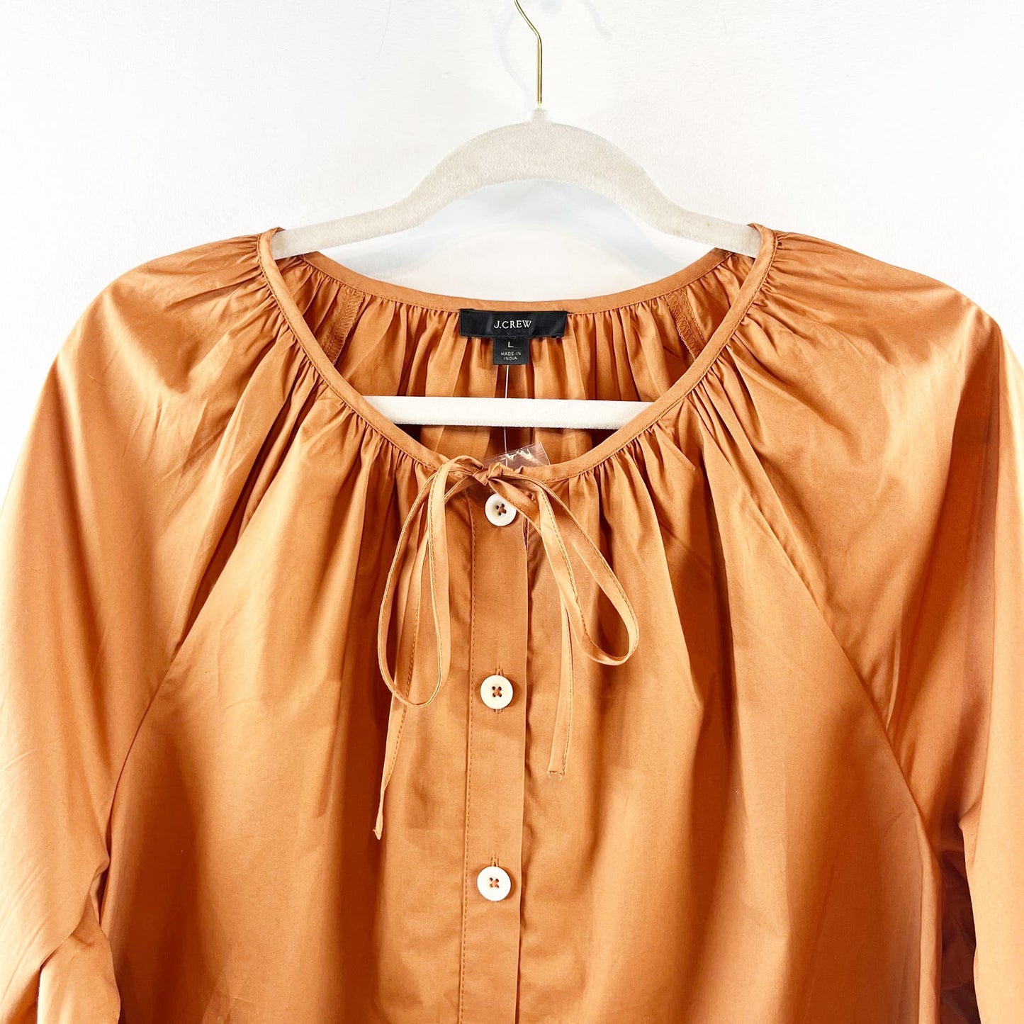 J. Crew Long Tie Sleeve Cotton Button Up Poplin Top Blouse Brown Large