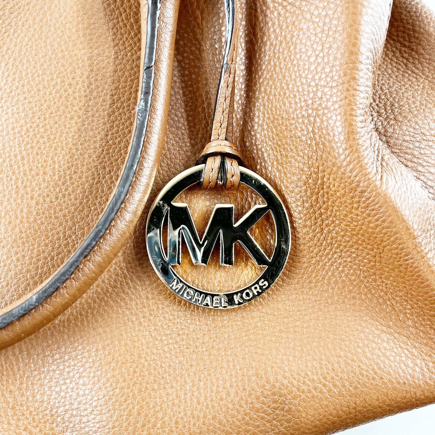 Michael Kors Kellen Saffiano Pebbled Leather Tote Handbag Purse Brown Gold