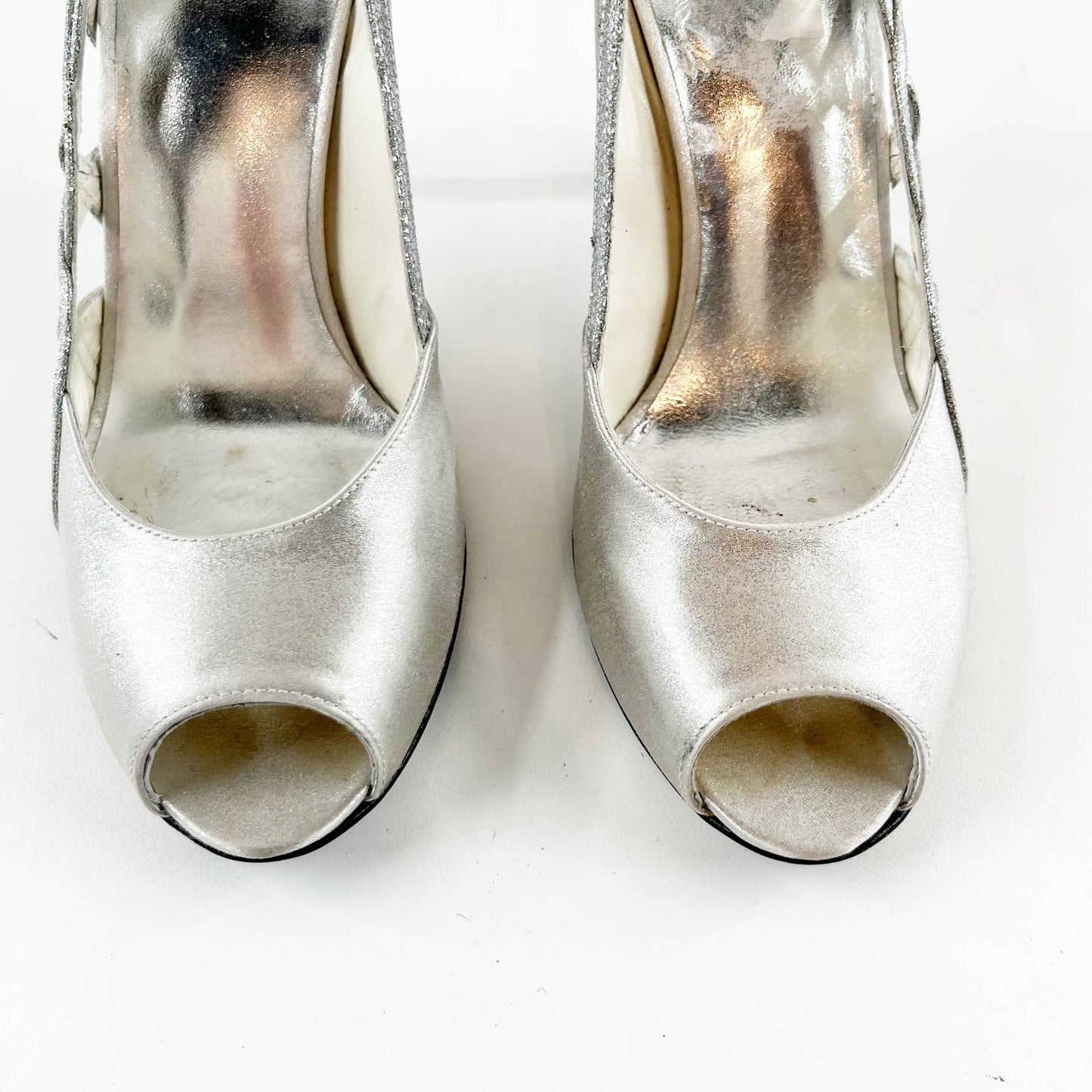 Stuart Weitzman Satin Crystal Embellished Rhinestone Open Toe Pumps Silver 8