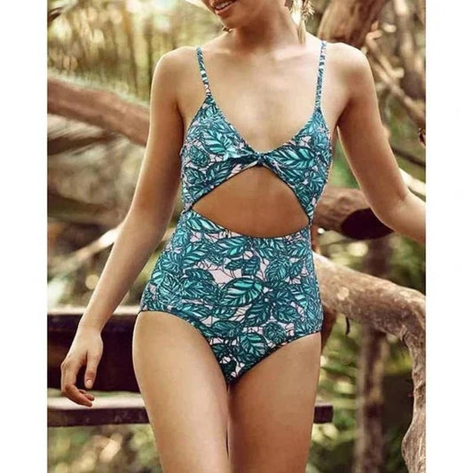 Cupshe Tropical Floral Palm Leaf Cutout One Piece Bathing Suit Green XL