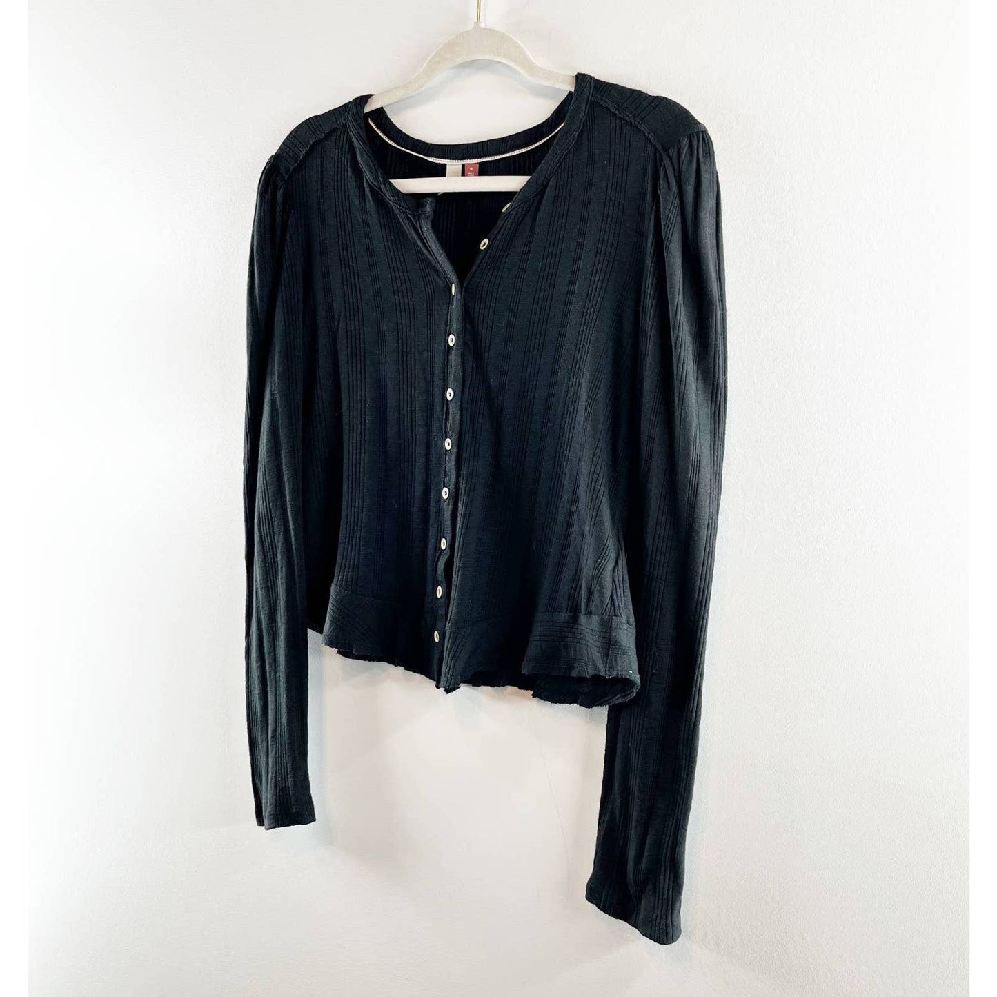 Pilcro Anthropologie Ribbed Puff-Long Sleeved Button Up Top Sweater Black Medium