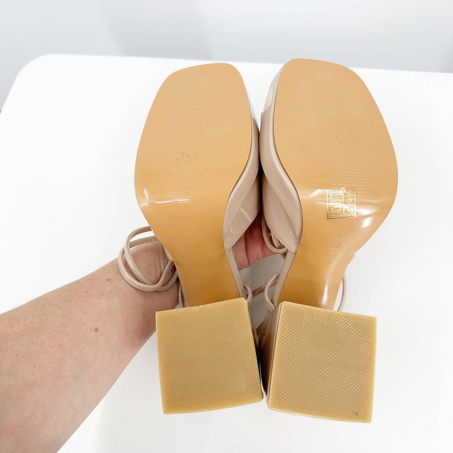 Square Toe Platform Y2K Patent Ankle Wrap Block Heel Sandals Nude 10