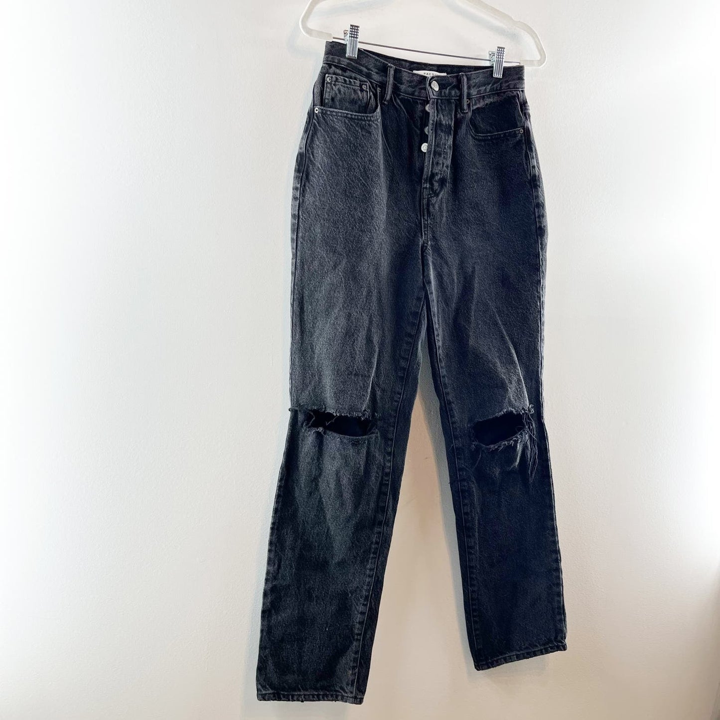 PacSun High Rise Distressed Button Fly Straight Leg Dad Jeans Black 27 / 4