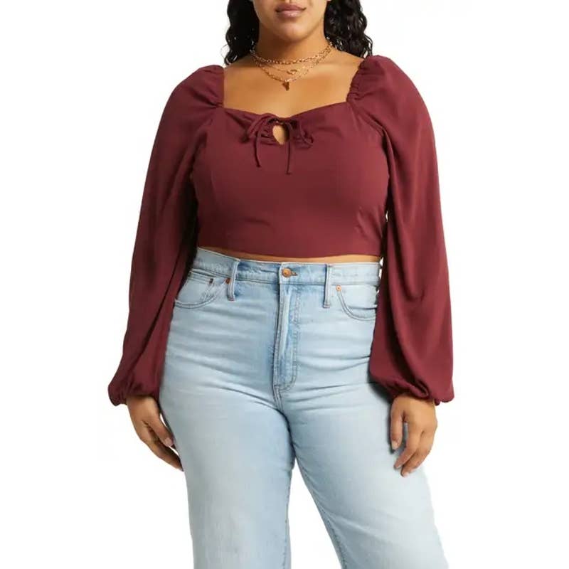 Open Edit Ruched Keyhole Long Sleeve Cropped Blouse Burgundy Tannin 2X