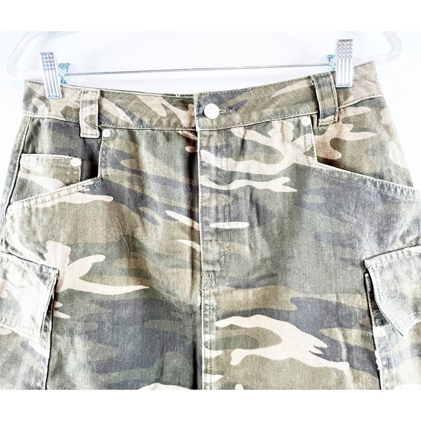 Topshop Camo Camouflage Military High Waisted Denim Mini Skirt Khaki Green 8
