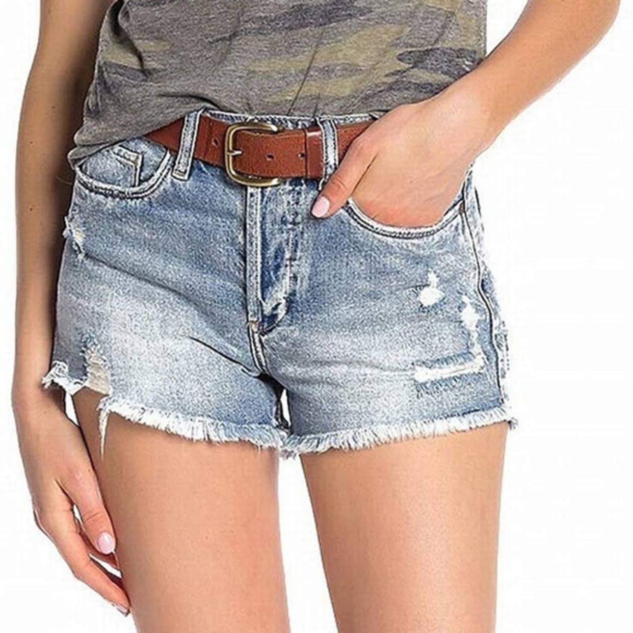 BlankNYC Cotton Button Fly High Waisted Distressed Jean Short Light Blue Wash 28