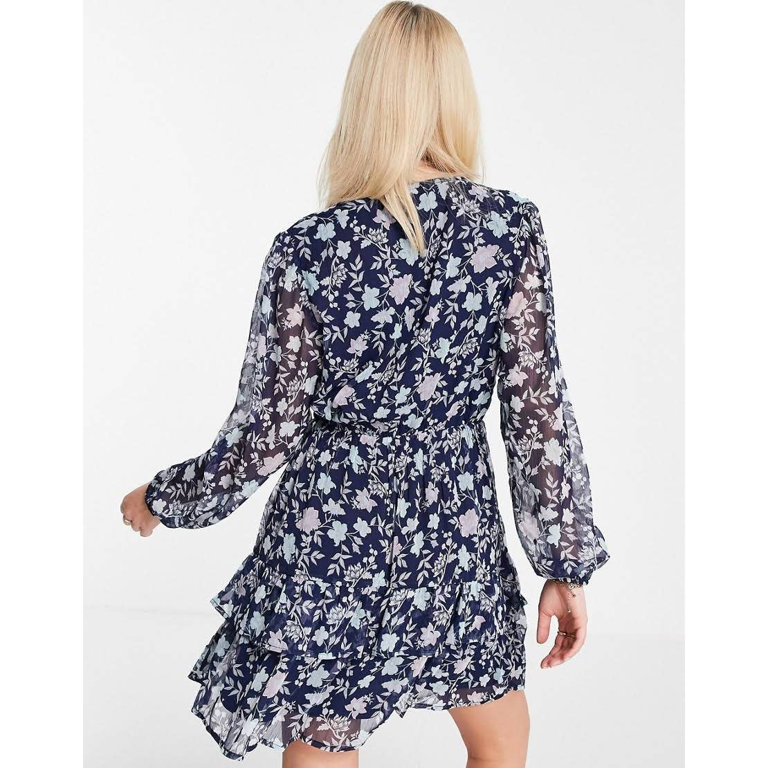 JDY Alice Penelope Woven Floral Print Long Sleeve Wrap Tie Mini Dress in Navy 40