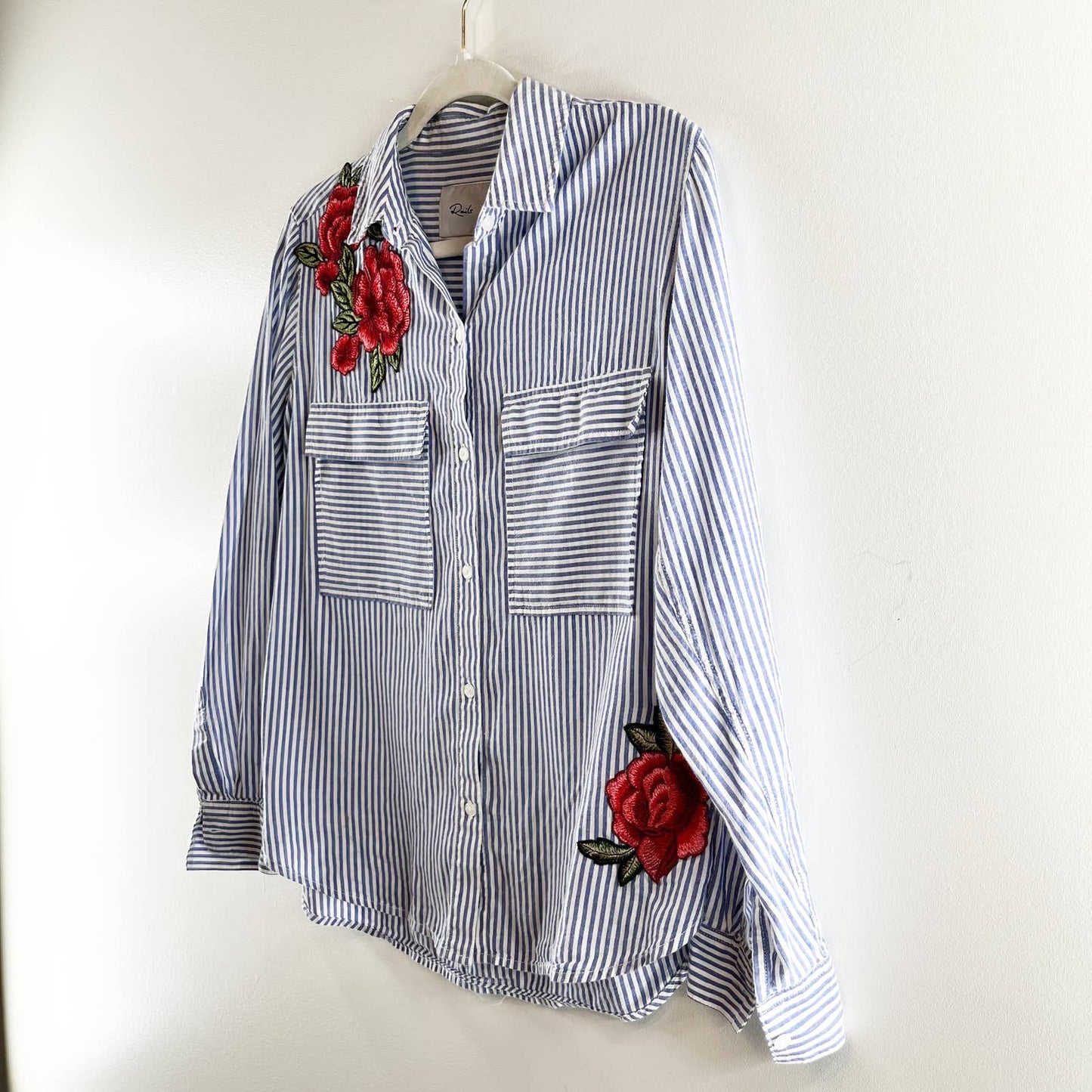 Rails Frances Banker Stripe Long Sleeve Button Up Floral Patch Shirt Blue XS