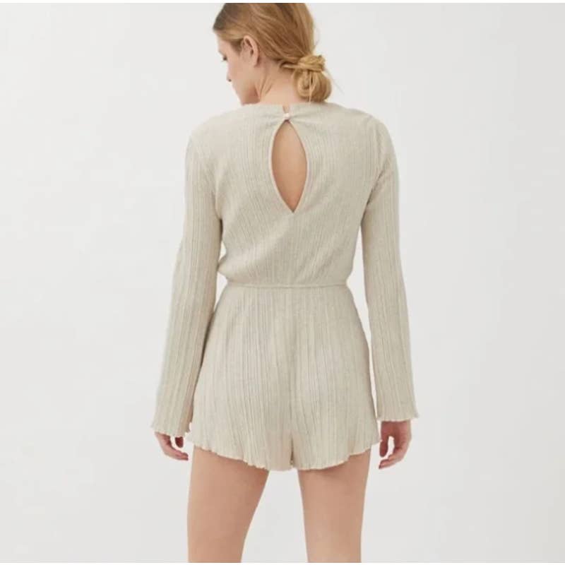 Urban Outfitters Bella Knit Flare Sleeve Ribbed Shorts Romper Beige Medium