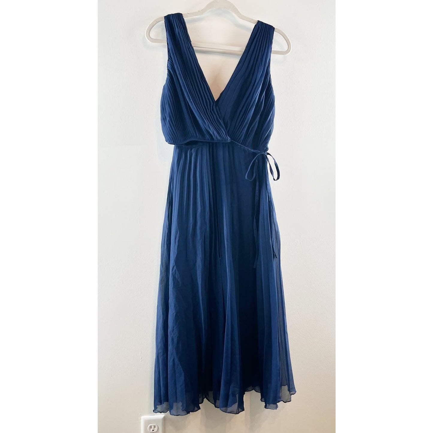 Asos Wrap Bodice Tie Waist Pleated Skirt Lined V Neck Midi Dress Navy Blue 4