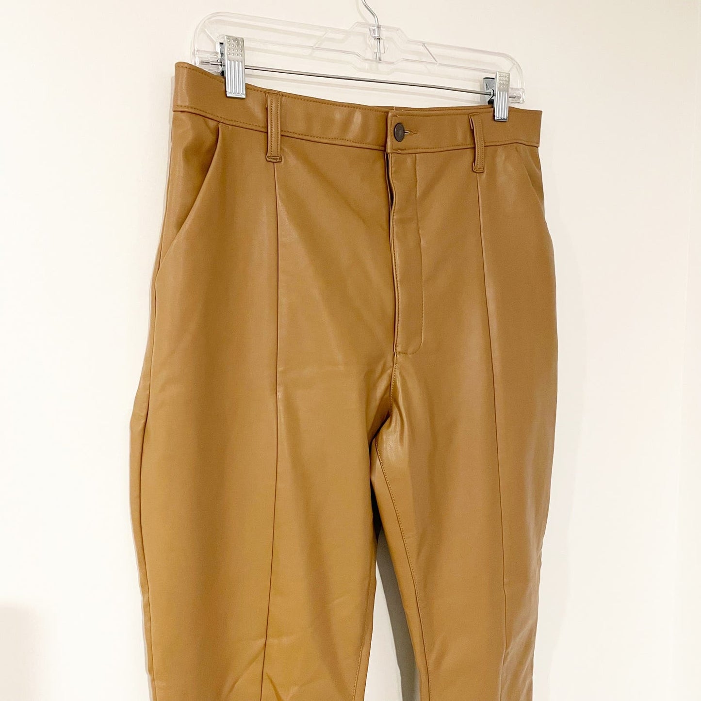 Abercrombie & Fitch The Skinny Ultra High Rise Vegan Leather Split Hem Pants Brown 14