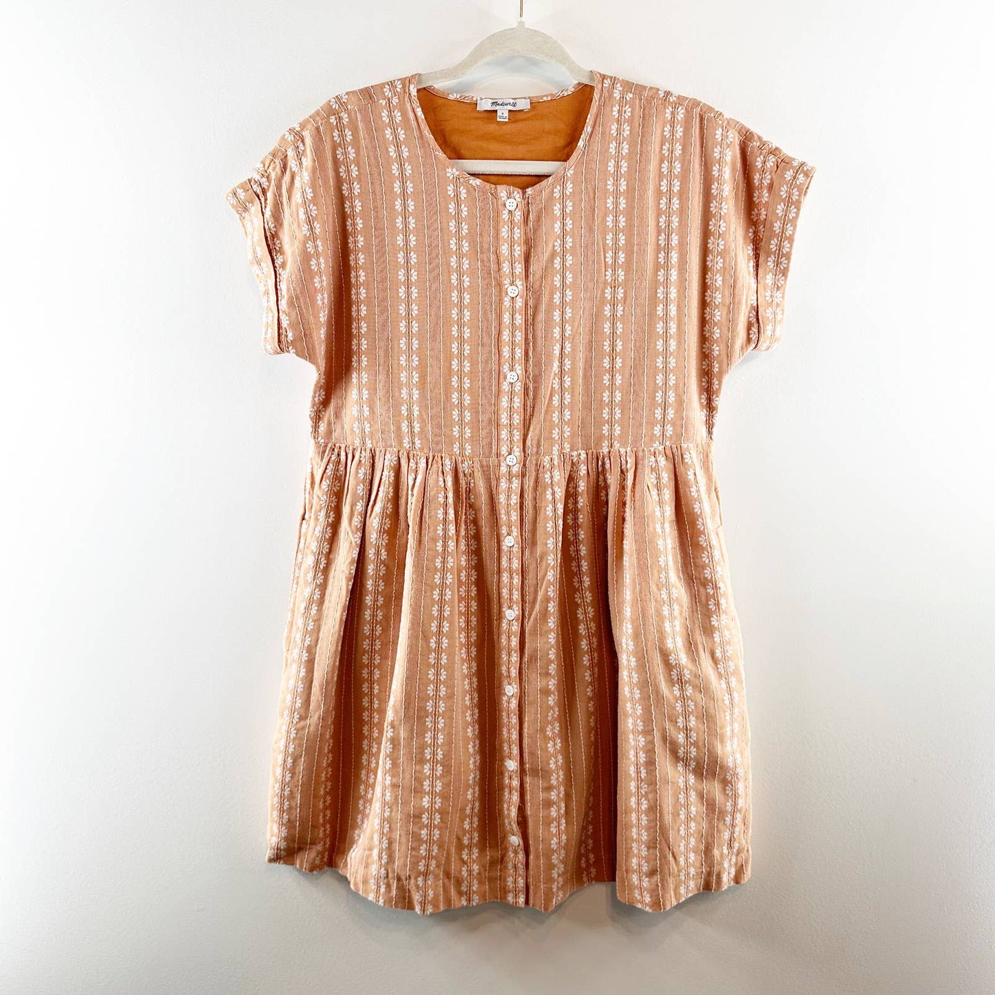 Madewell Embroidered Short-Sleeve Button-Front Mini Babydoll Dress Terracotta S
