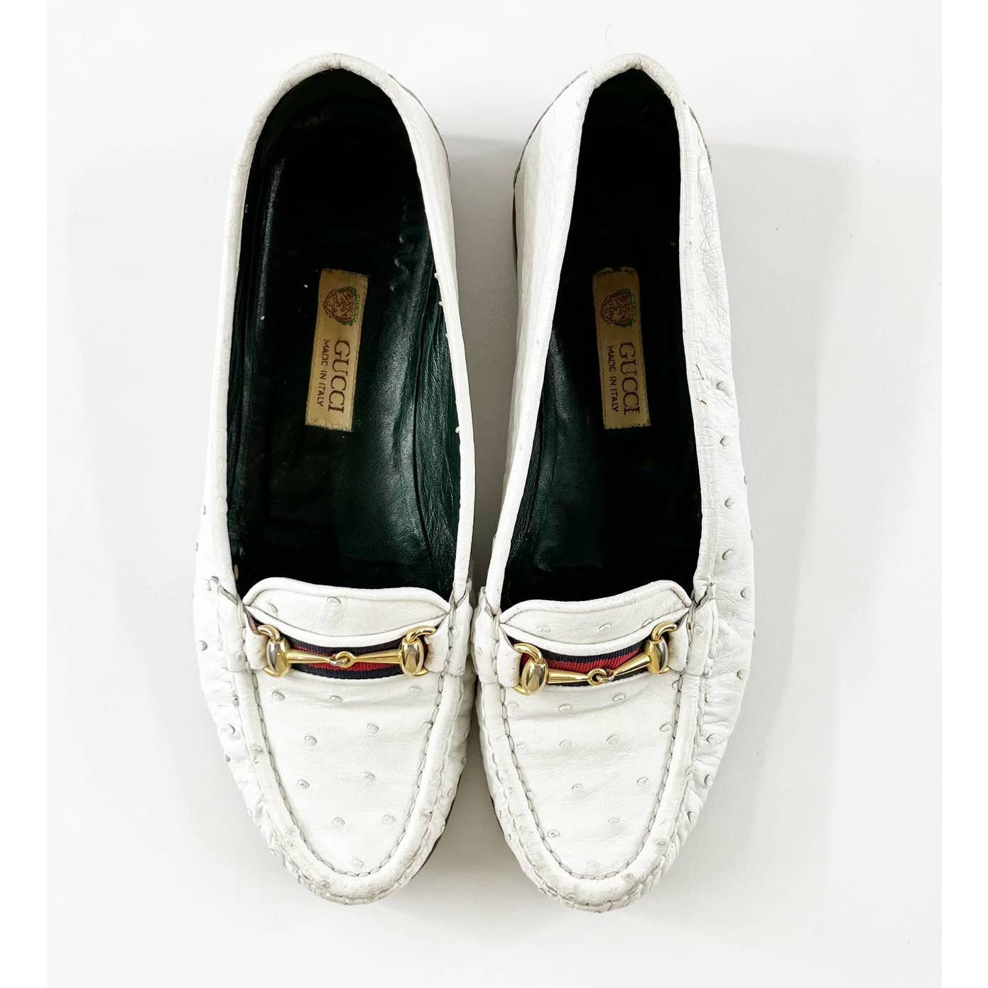 Gucci Vintage Horsebit Ostrich Leather Driving Loafers Flats White 36 / 6
