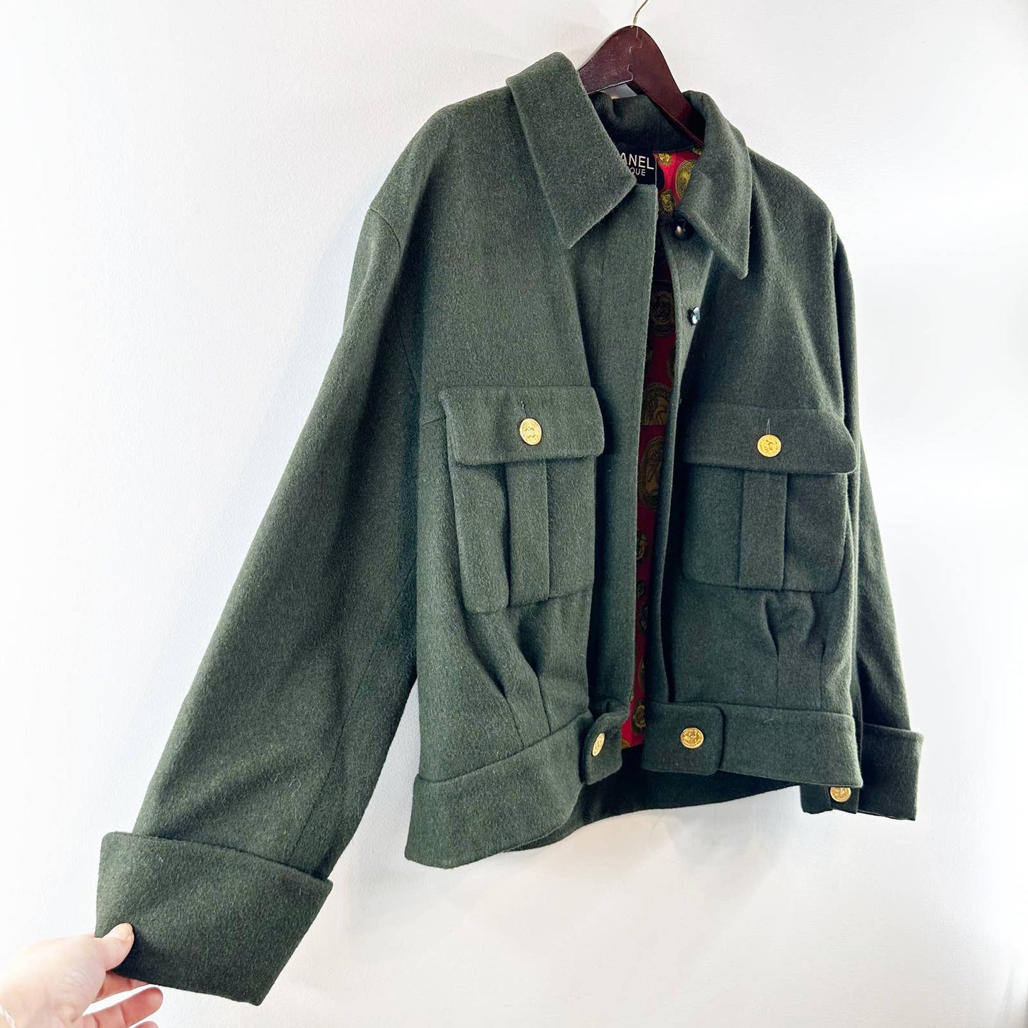 Chanel 2014 Wool Silk Lined Bomber Coat Jacket Gold Buttons Green 42