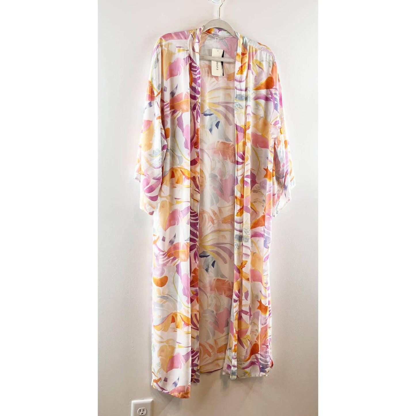 Z Supply Tropical Palm Print 3/4 Sleeve Open Front Maxi Wrap Top Whiteshell M