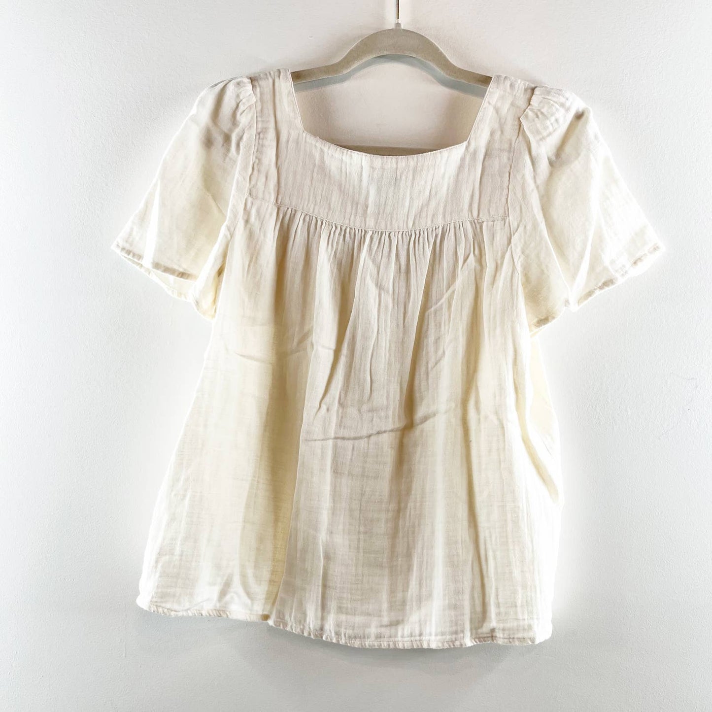 Madewell Short Flutter Sleeve Patchwork Square-Neck Blouse Top Cream Small