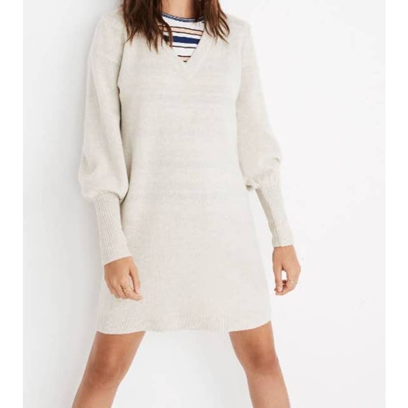 Madewell Wool Blend V-Neck Bubble-Sleeve Sweater Mini Dress Tan XS