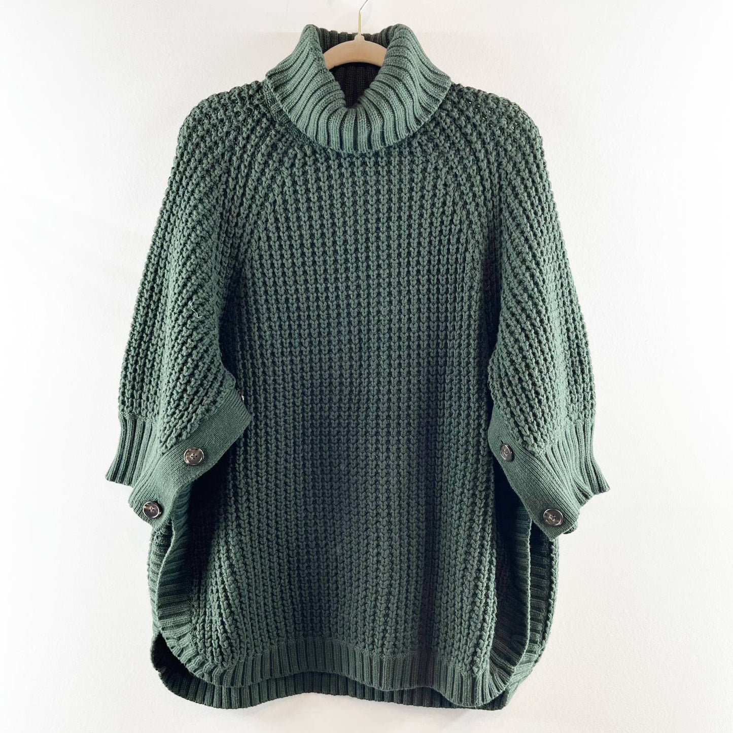J. Crew Button Sleeve Turtleneck Poncho Sweater in Heather Forest Green Large