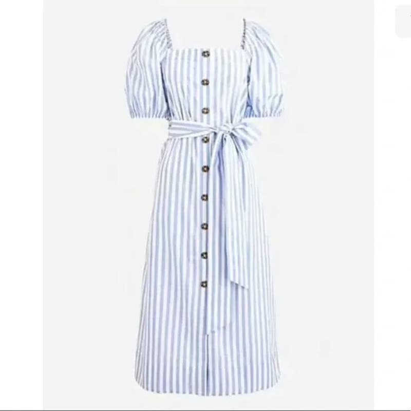 J. Crew Cottage Puff Sleeve Button Up Belted Midi Dress Striped Blue Small