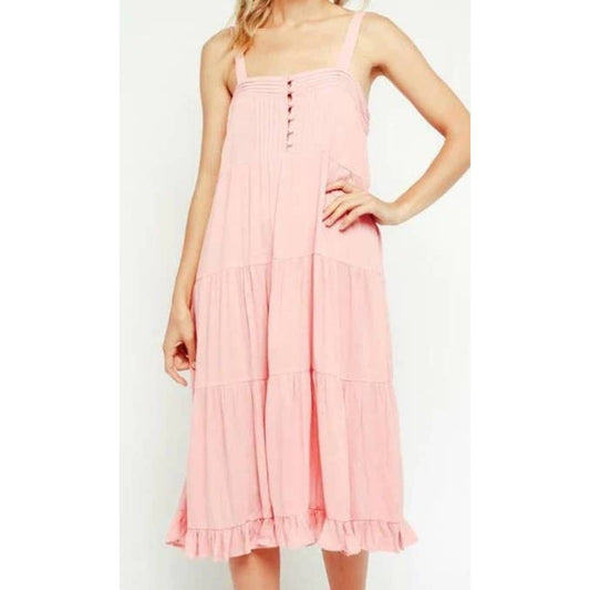 Olivaceous Tiered Ruffle Hem Tank Midi Dress Pink Small