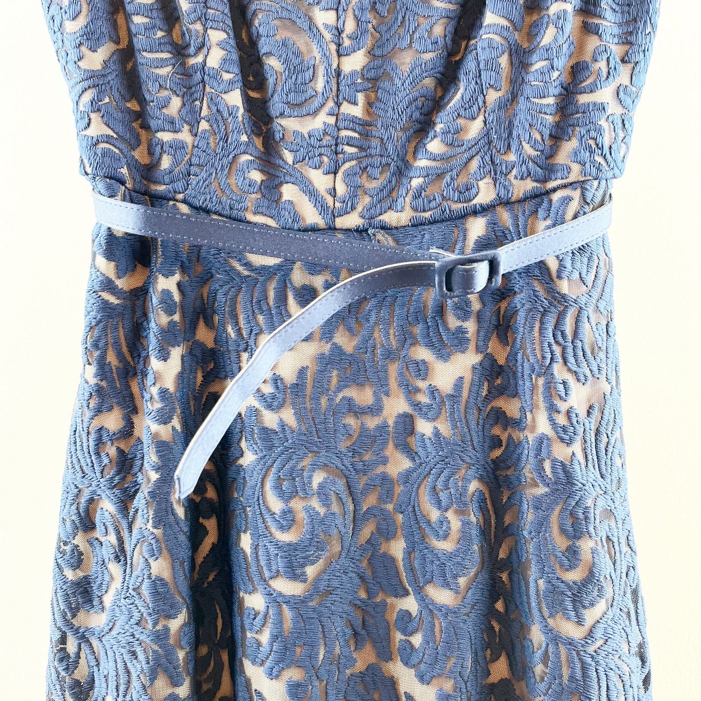 Alex Evenings Embroidered Cap Sleeve Belted Evening Maxi Dress Navy Blue 8