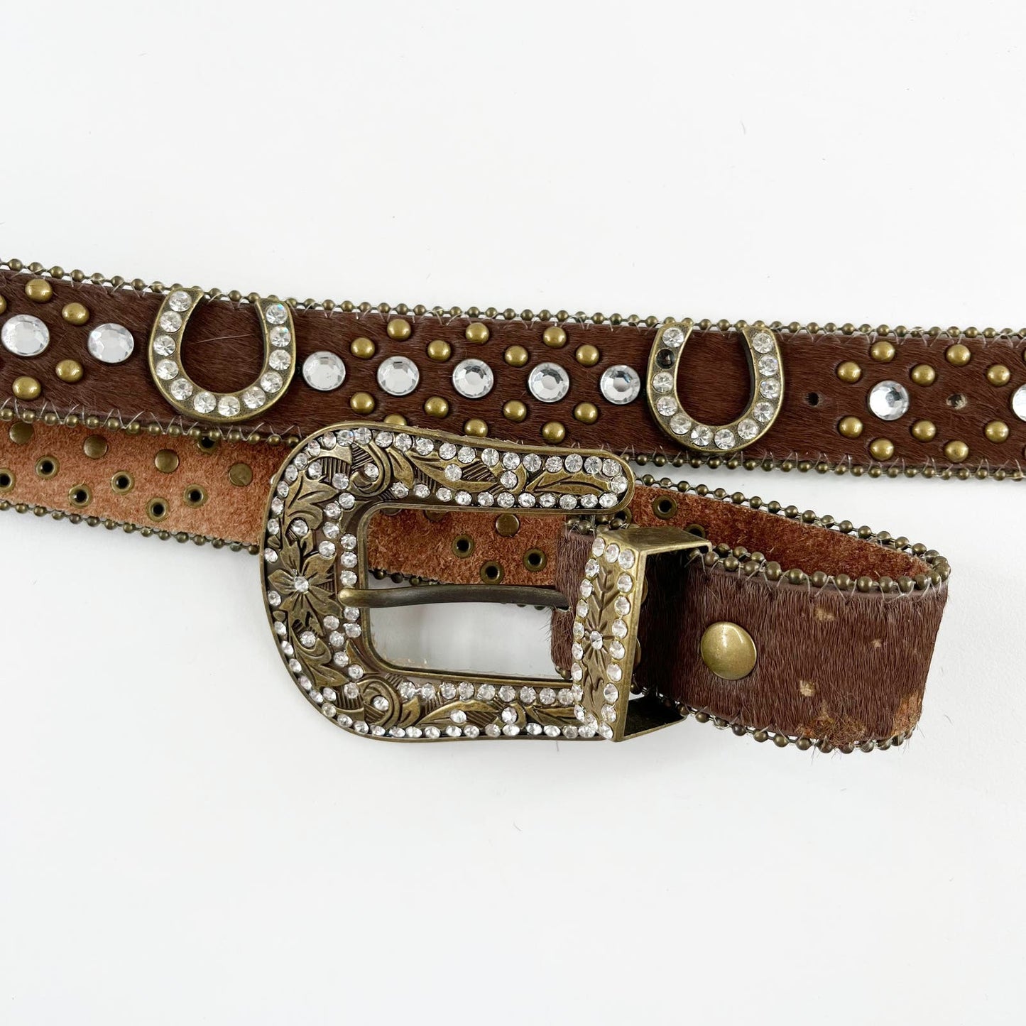 Genuine Leather Studded Western Horseshoe Bling Belt Brown