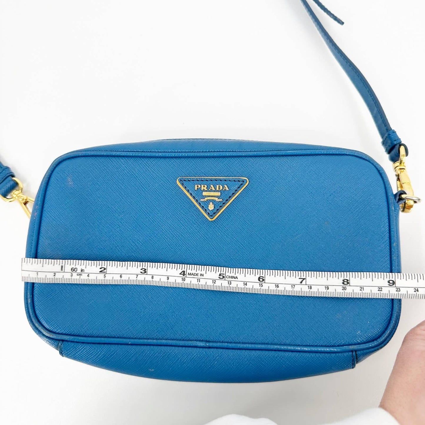 Prada Saffiano Pebbled Leather Small Camera Bag Crossbody Purse Blue