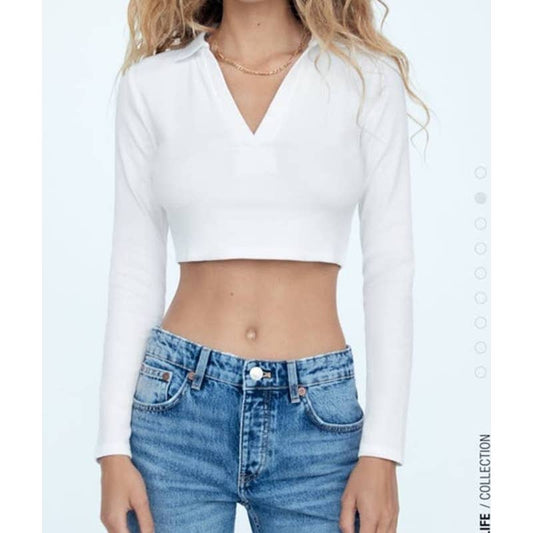 ZARA Ribbed Cropped Long Sleeve Polo Collared Top White Small