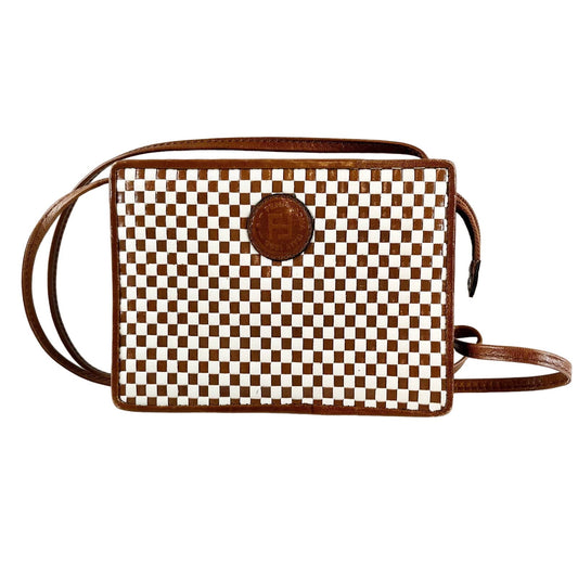 Fendi Long Square Leather Checkered Gingham Check Print Crossbody Purse Brown
