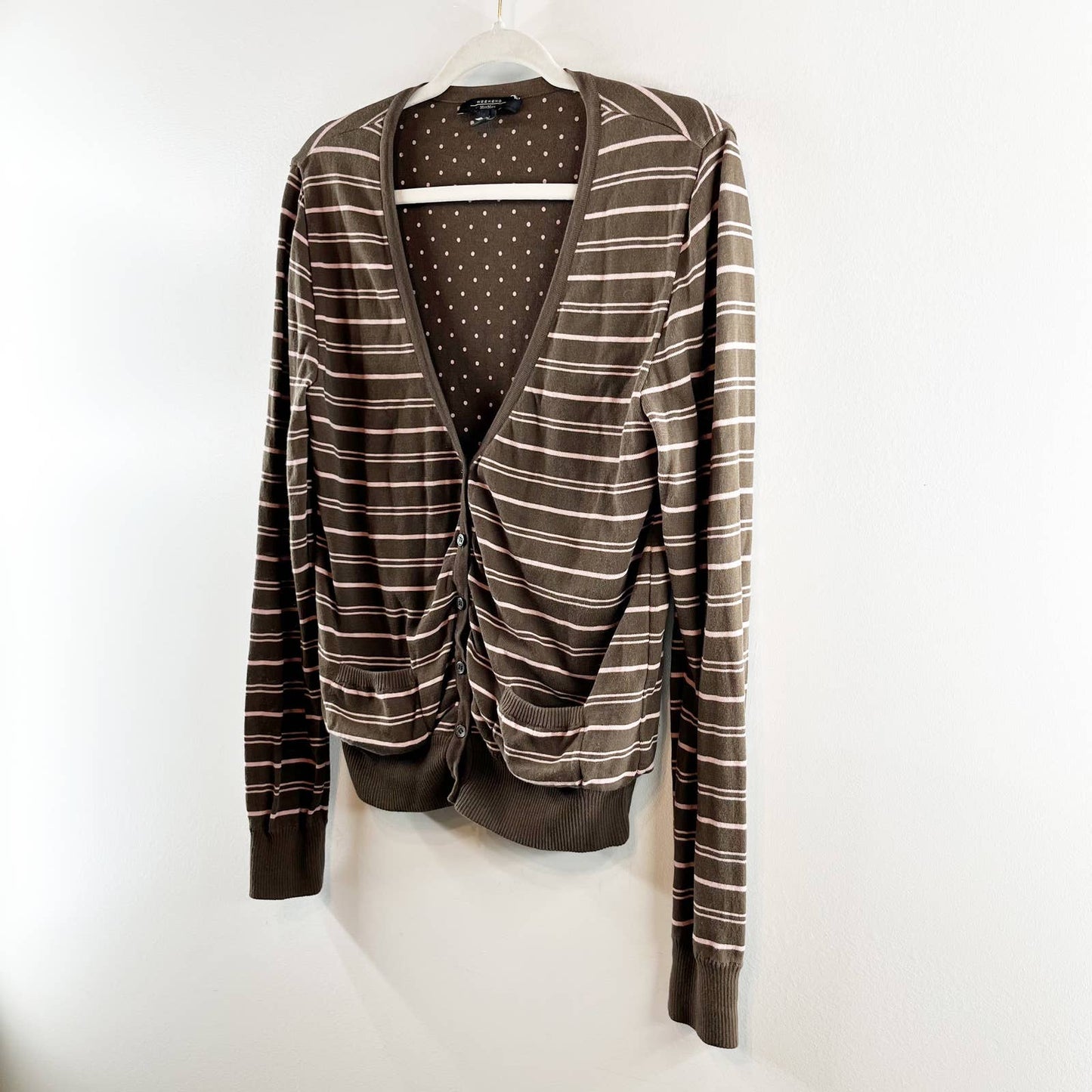 Weekend Max Mara Striped Long Sleeve V-Neck Button Front Cardigan Brown XL