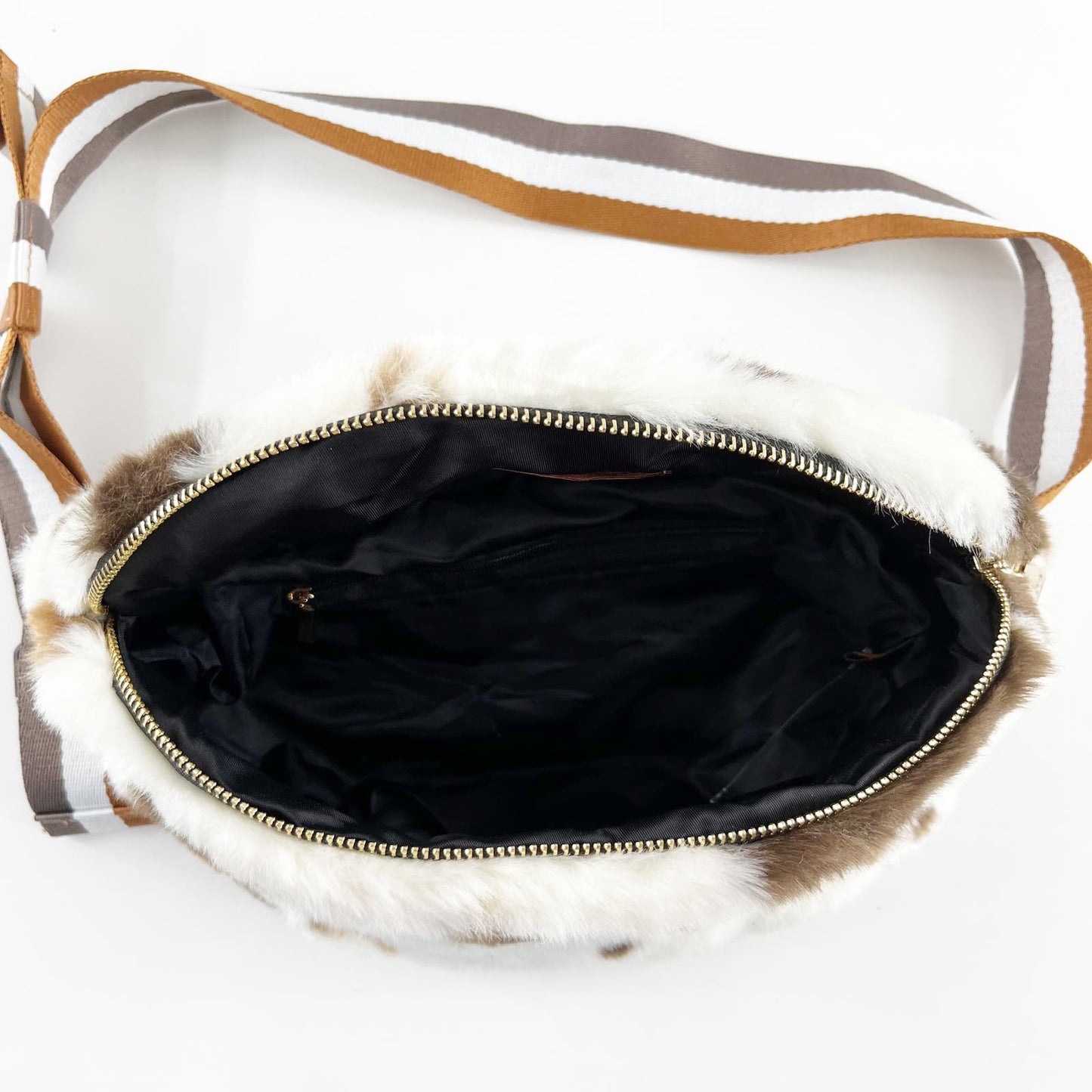 Jayley Collection Faux Fur Bum Belt Bag Fanny Pack Cow Print Cream Brown