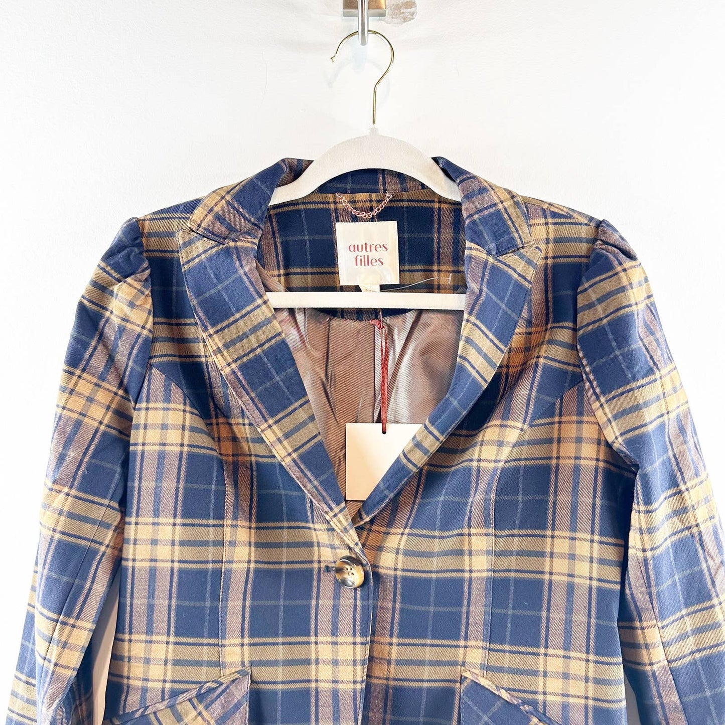 Autres Filles Anthropologie Plaid Single Button Blazer Jacket Navy Blue Gold XS