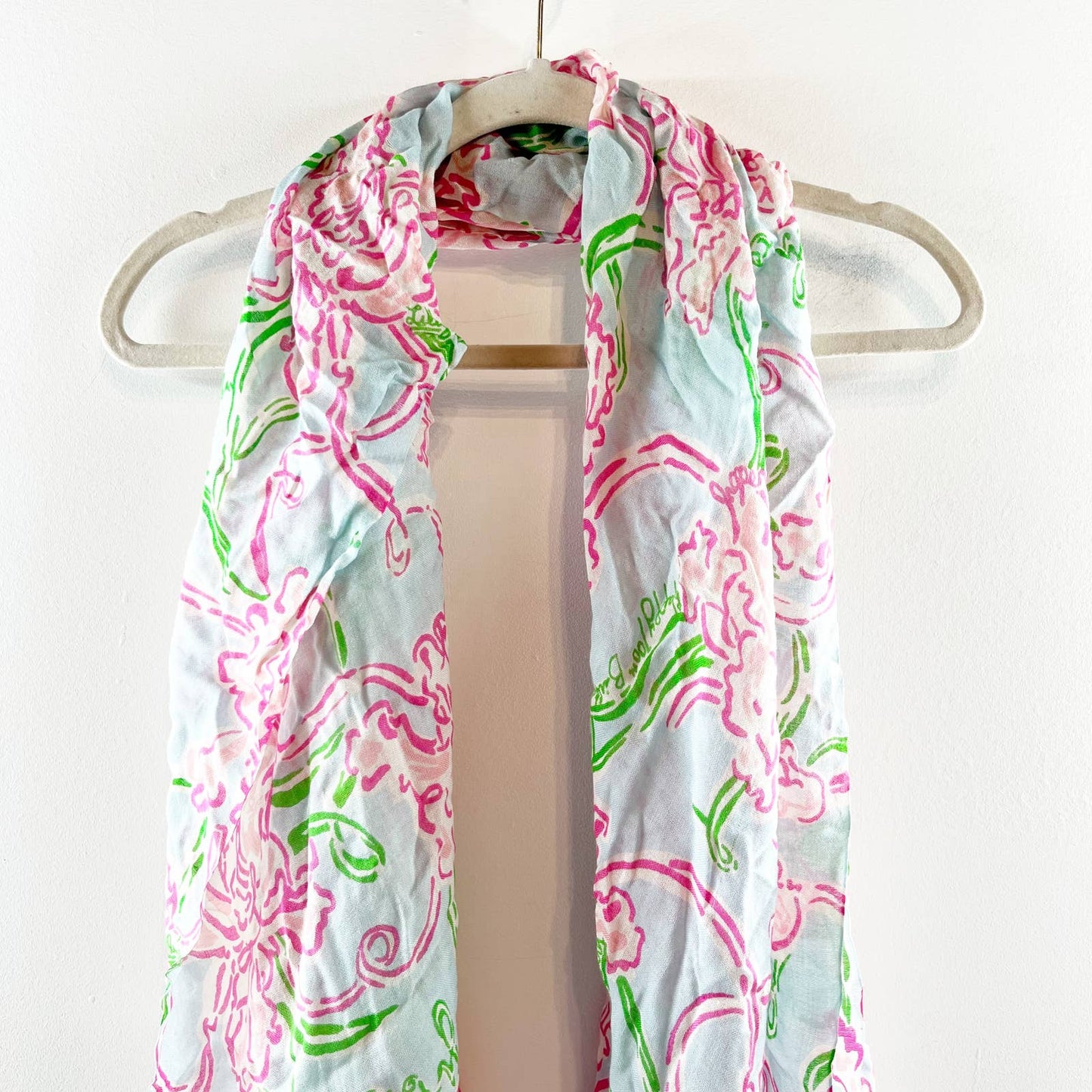 Lilly Pulitzer Fringe Silk Cashmere Tropical Printed Scarf Pink Green
