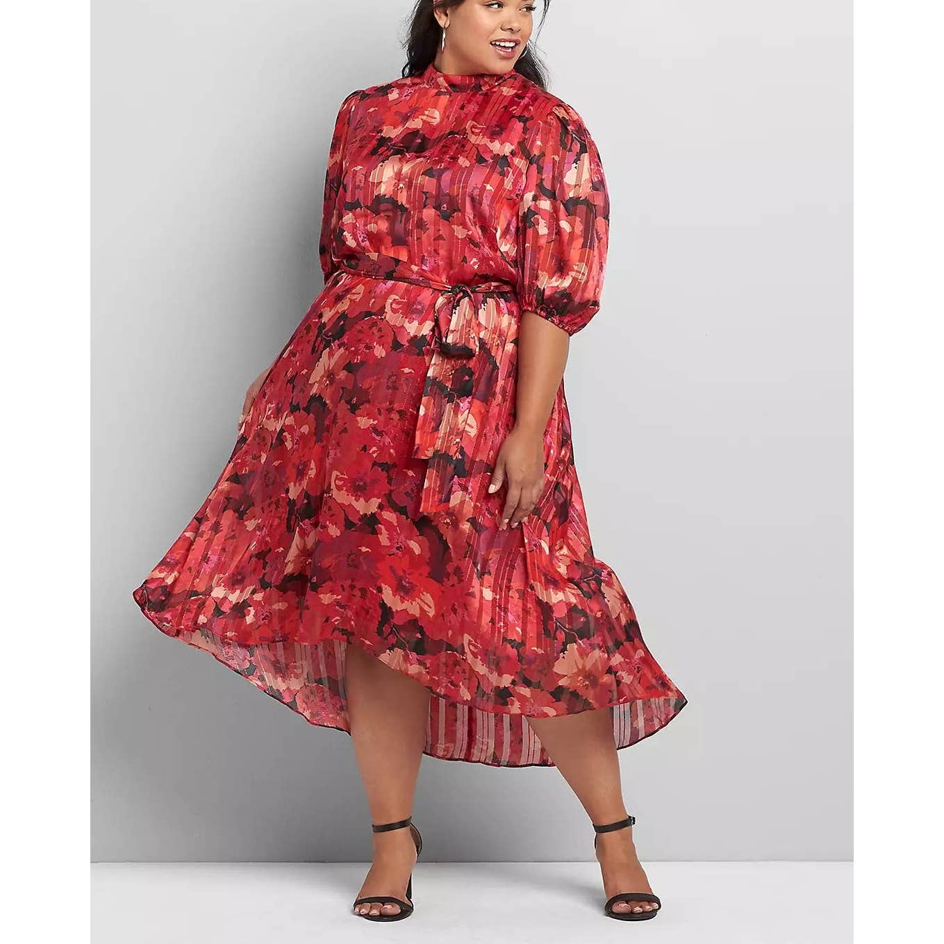 Lane Bryant Floral Print Elbow Sleeve Pleated Fit & Flare Midi Dress Red 22
