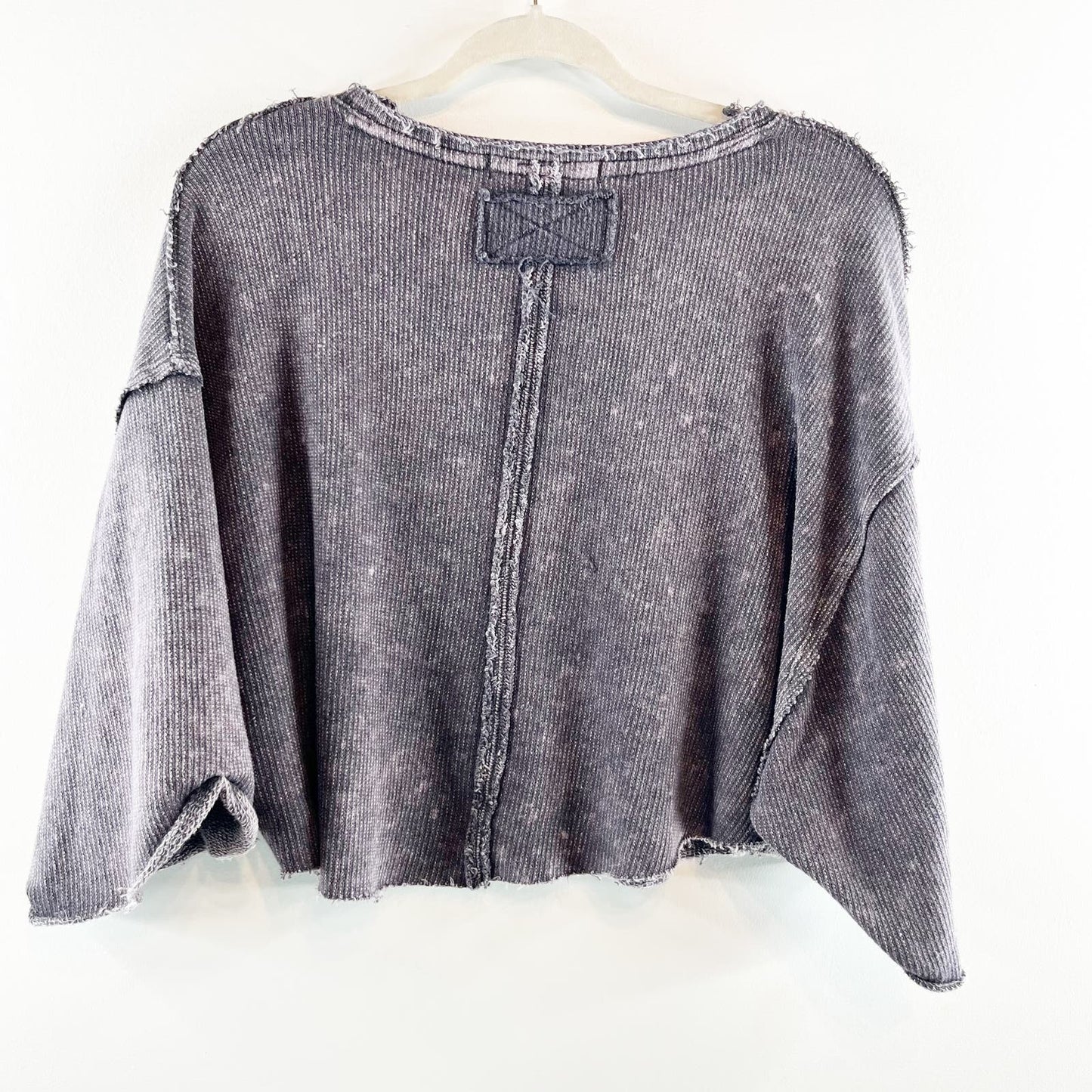 Free People Off My Mind Cropped Waffle Thermal Raw Hem T-Shirt Tee Gray Medium