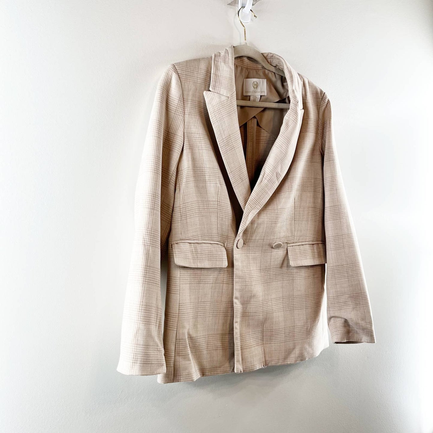 House of Harlow 1960 Plaid Notched Lapel Double Breasted Blazer Jacket Beige M