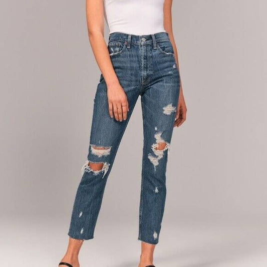 Abercrombie & Fitch Ripped Distressed The High Rise Mom Jeans Denim Blue 25 / 0s