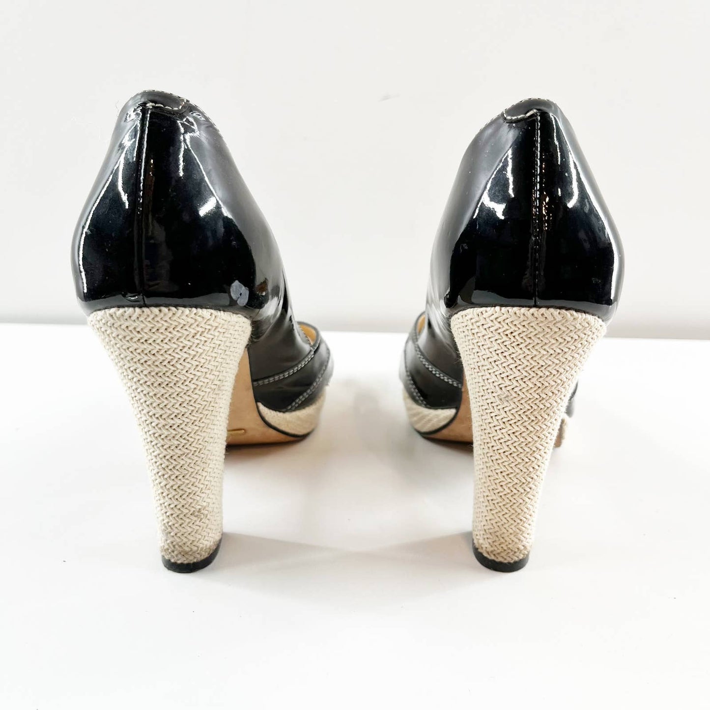 Cole Haan Patent Charlize Peep Toe Woven Heel Pumps Heels Black 8.5