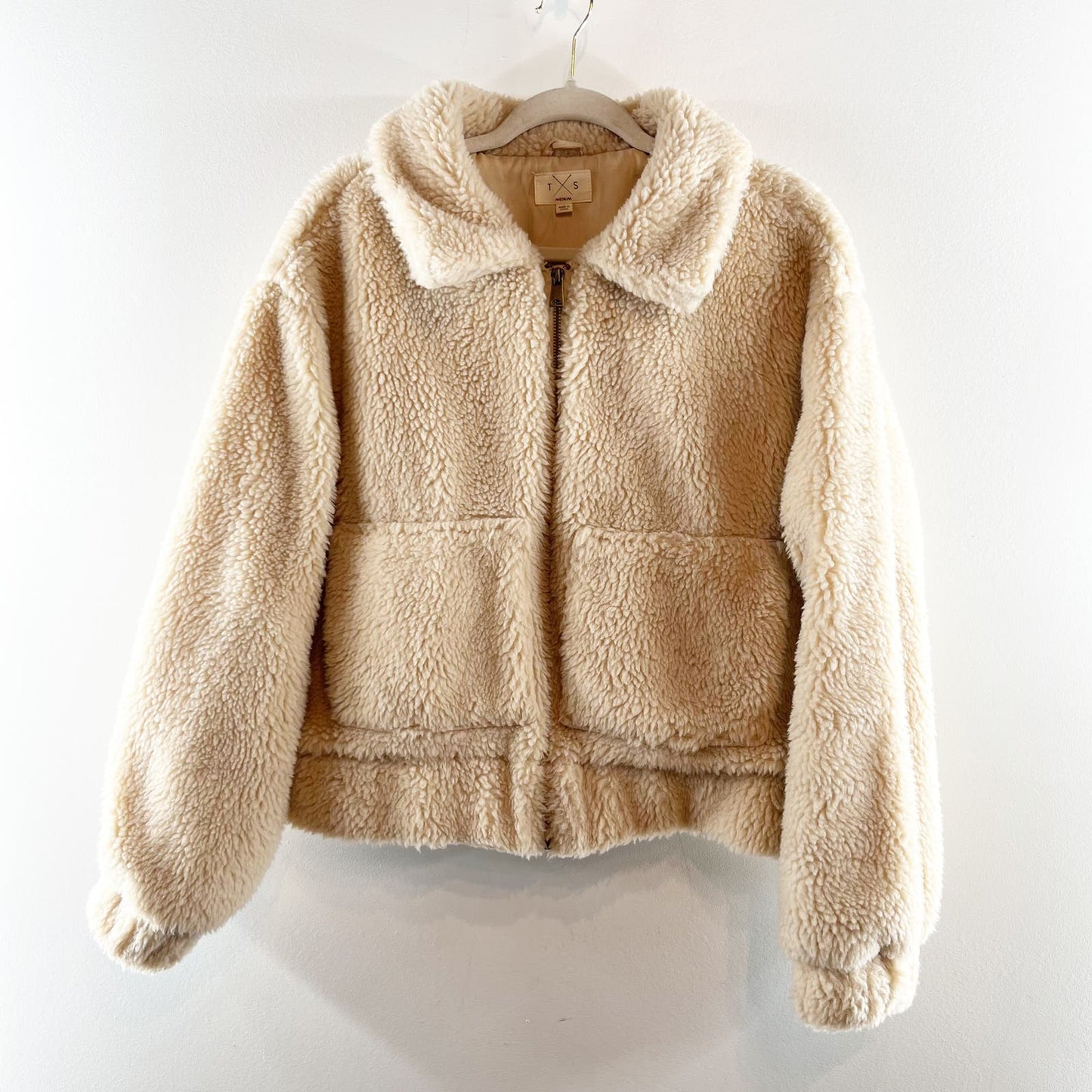 Thread & Supply Fleece Sherpa Full Zip Teddy Jacket Coat Taupe Cream Medium