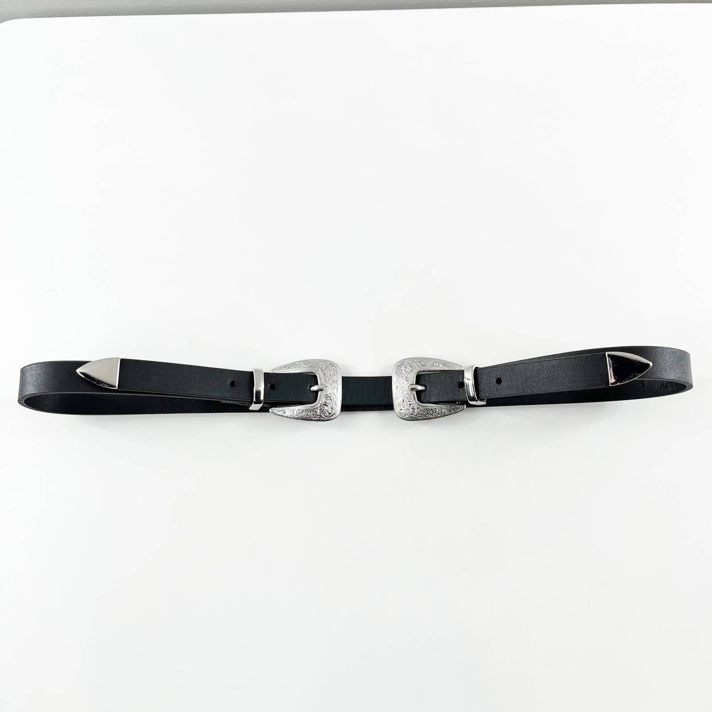 Western Gaucho Faux Leather Double Buckle Waist Belt Black/Silver One size