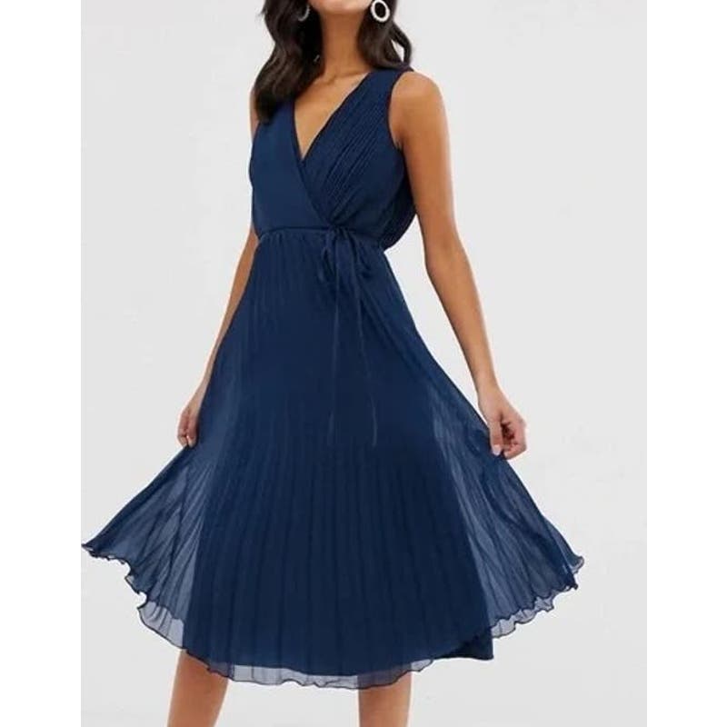 Asos Wrap Bodice Tie Waist Pleated Skirt Lined V Neck Midi Dress Navy Blue 4