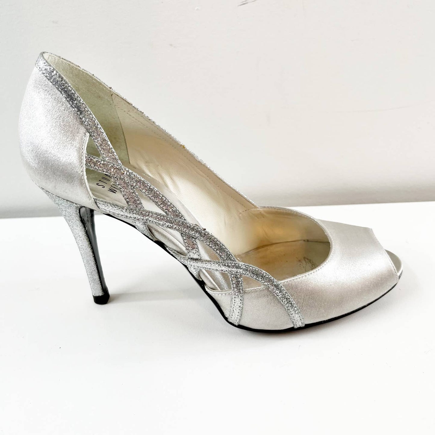 Stuart Weitzman Satin Crystal Embellished Rhinestone Open Toe Pumps Silver 8