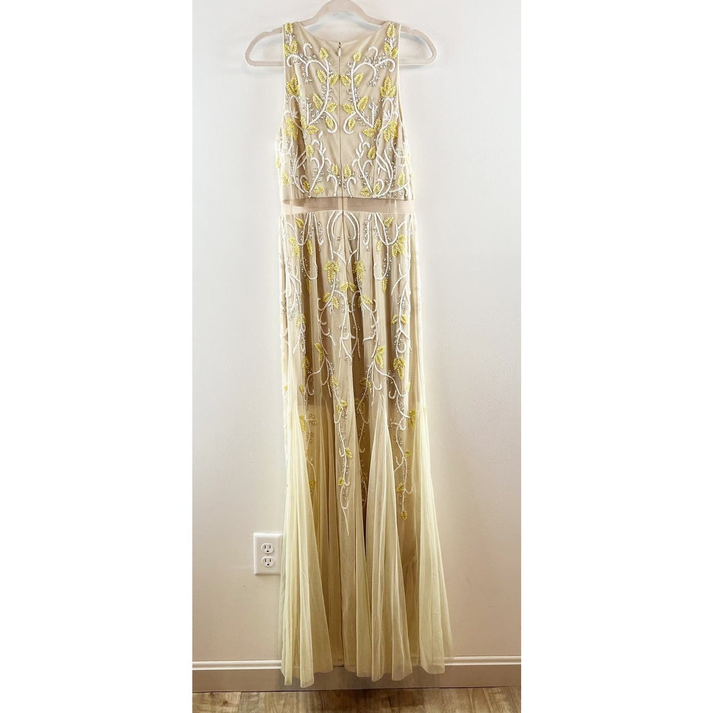 Adrianna Papell Sheer Floral Beaded Lined Halter Neck Maxi Gown Dress Cream 10