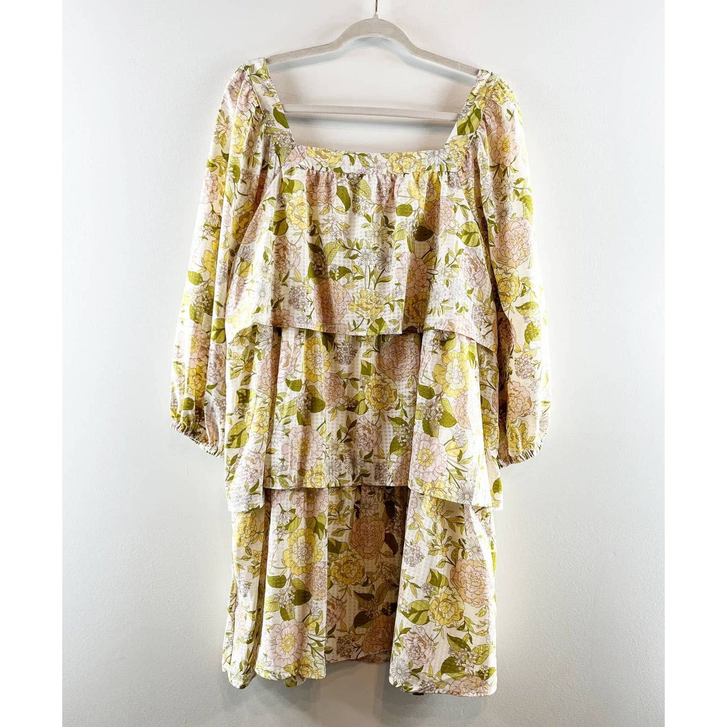 Who What Wear Floral Bishop Sleeve Square Neck Mini A-Line Dress Yellow XL