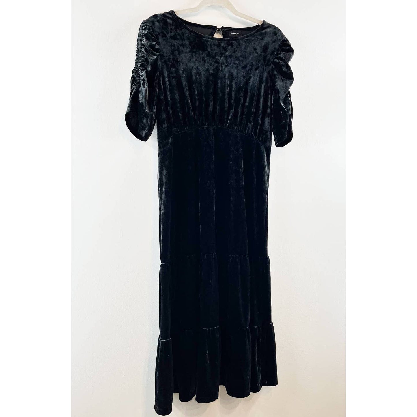 Who What Wear Velvet Holiday Short Ruched Sleeve Tiered Midi Dress Black Medium