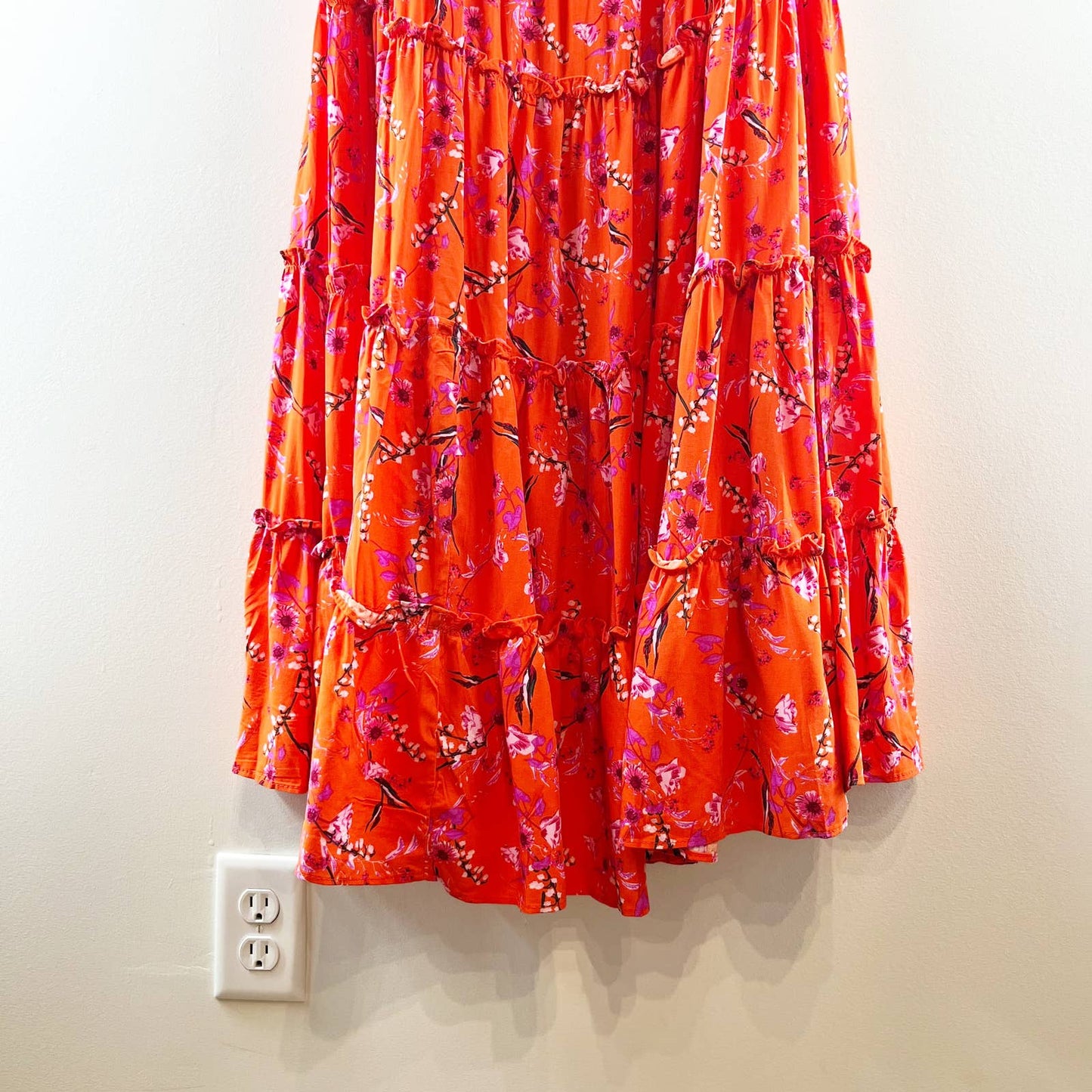 1. State Floral Strapless Ruffle Tiered Midi Dress Orange Red XL