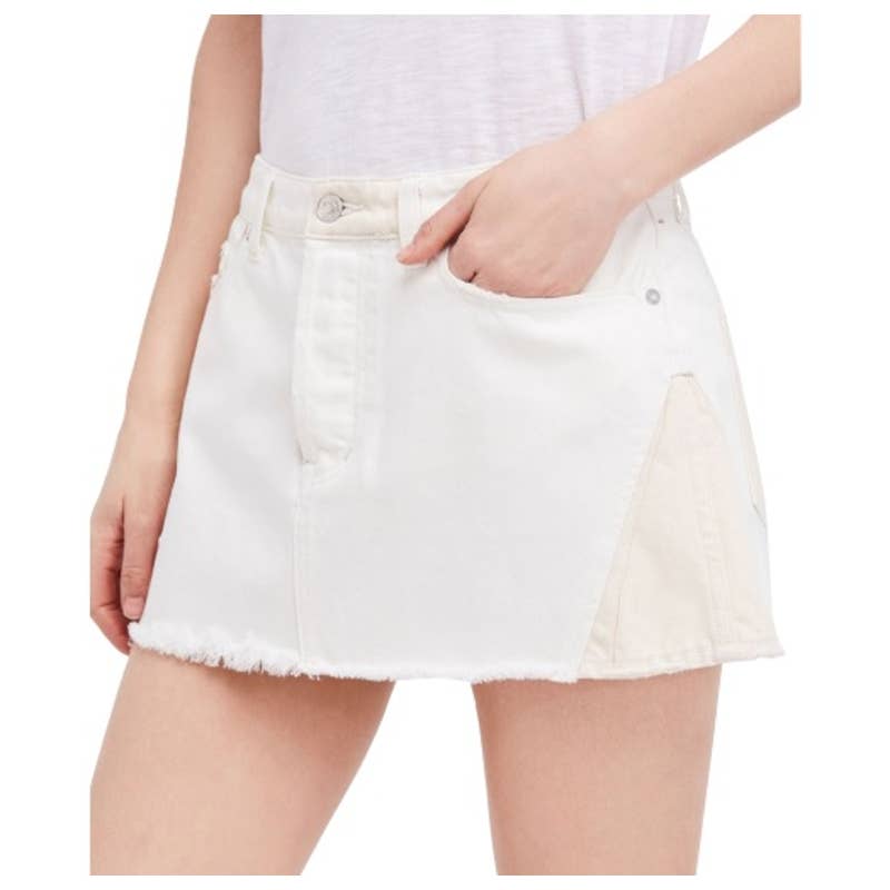 Free People Pull On Mid Rise Frayed Hem Patched Up Denim Mini Skirt White 29