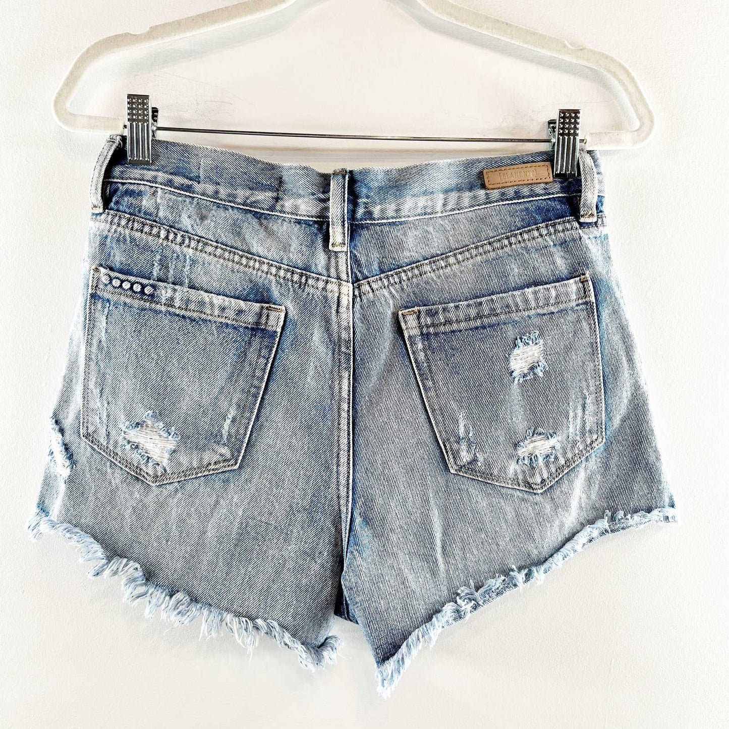 BlankNYC Cotton Button Fly High Waisted Distressed Jean Short Light Blue Wash 28