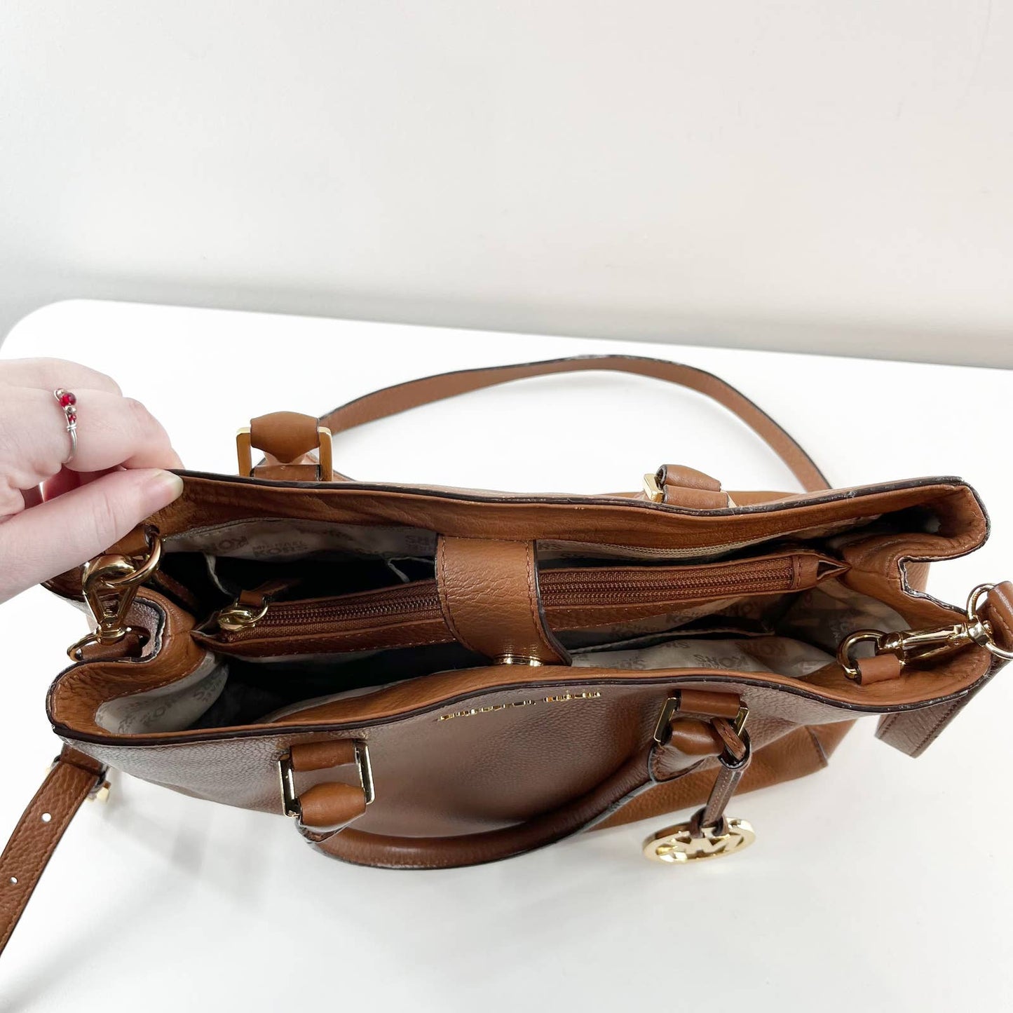 Michael Kors Kellen Saffiano Pebbled Leather Tote Handbag Purse Brown Gold