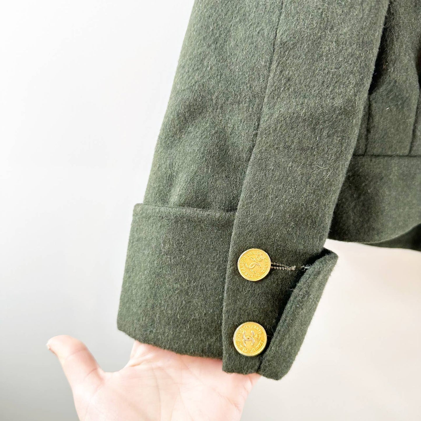 Chanel 2014 Wool Silk Lined Bomber Coat Jacket Gold Buttons Green 42